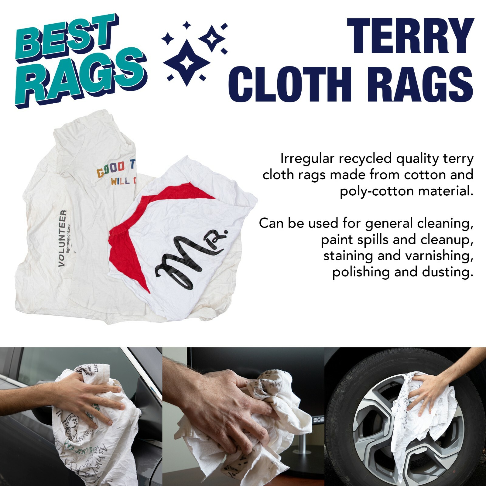 Recycled T-Shirt Rags for Cleaning, Package Size Options, Multi-Purpose, White