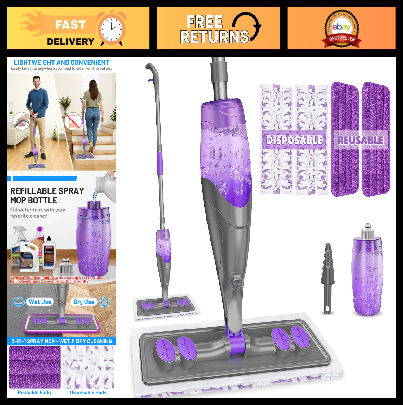 Spray Mop for Floor Cleaning – Wet Dry Mop with 4 Pads, 500ml Bottle, Pet Hair &