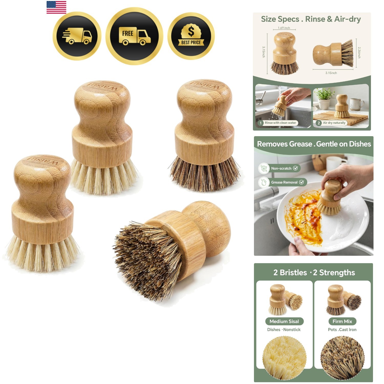 Dish Scrubber Brush Set Bamboo 4 Pack Eco Friendly Nonstick Friendly