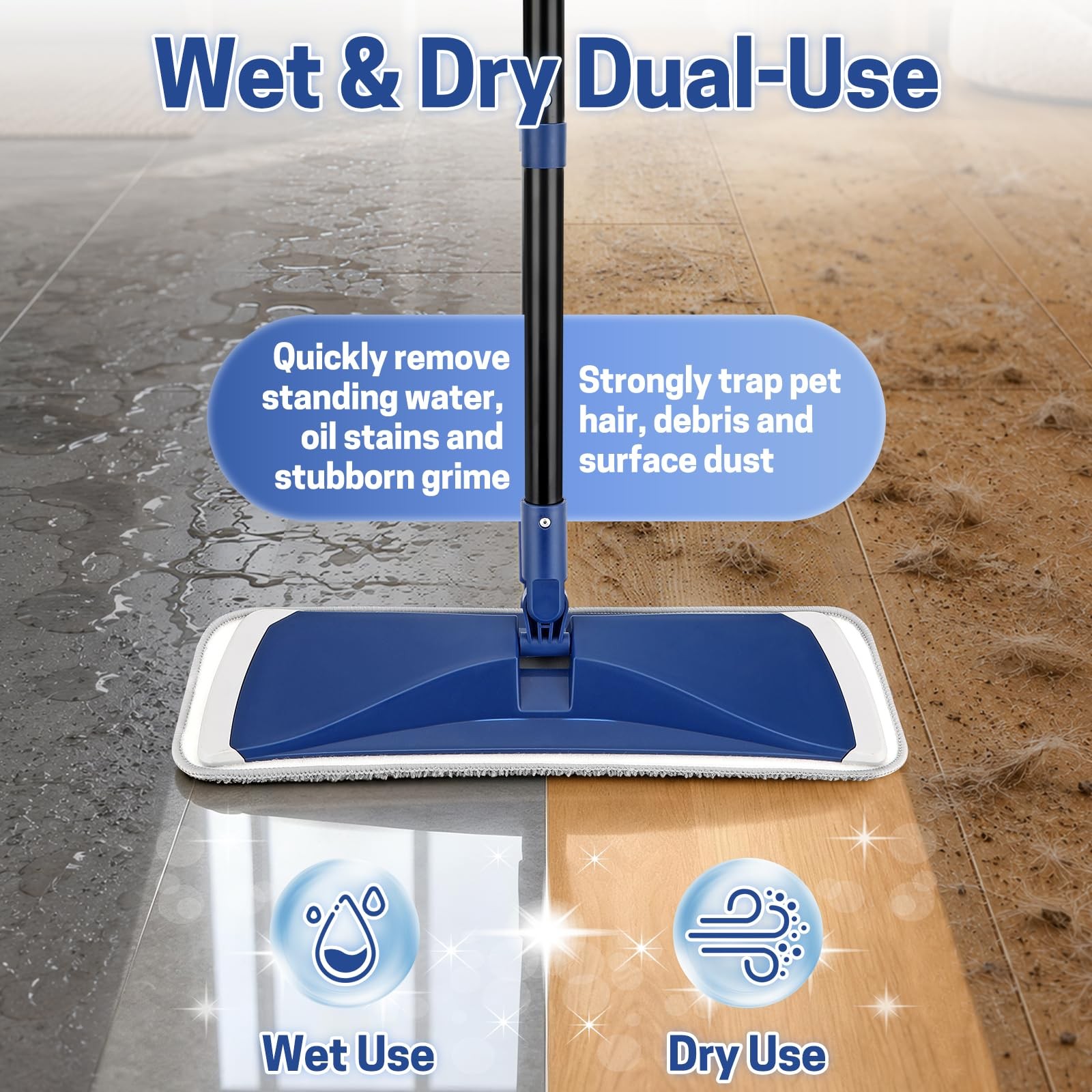 BUVE Microfiber Flat Mop for Hardwood Floors Cleaning 17IN, Blue