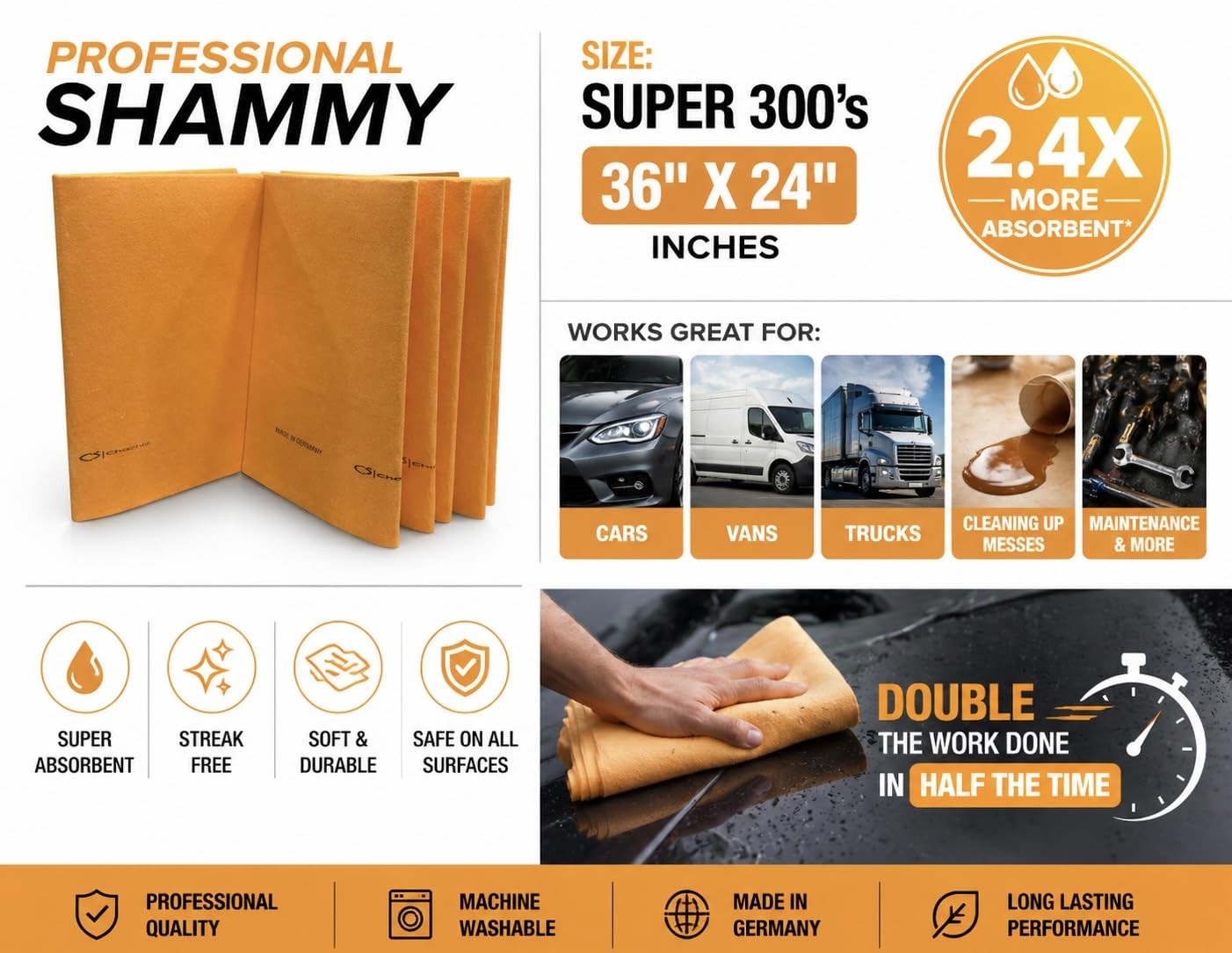 5 Pack New Supper 300’s German Shammy Cloths Thicker Larger Stronger 36″X24″ Cha