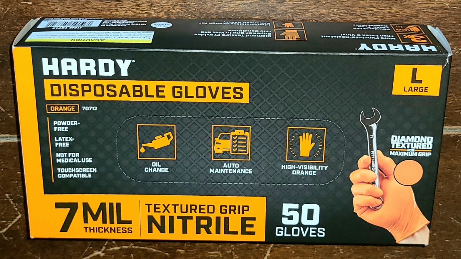 Hardy 50 Piece ORANGE Textured Grip Nitrile LARGE Disposable Gloves #70712