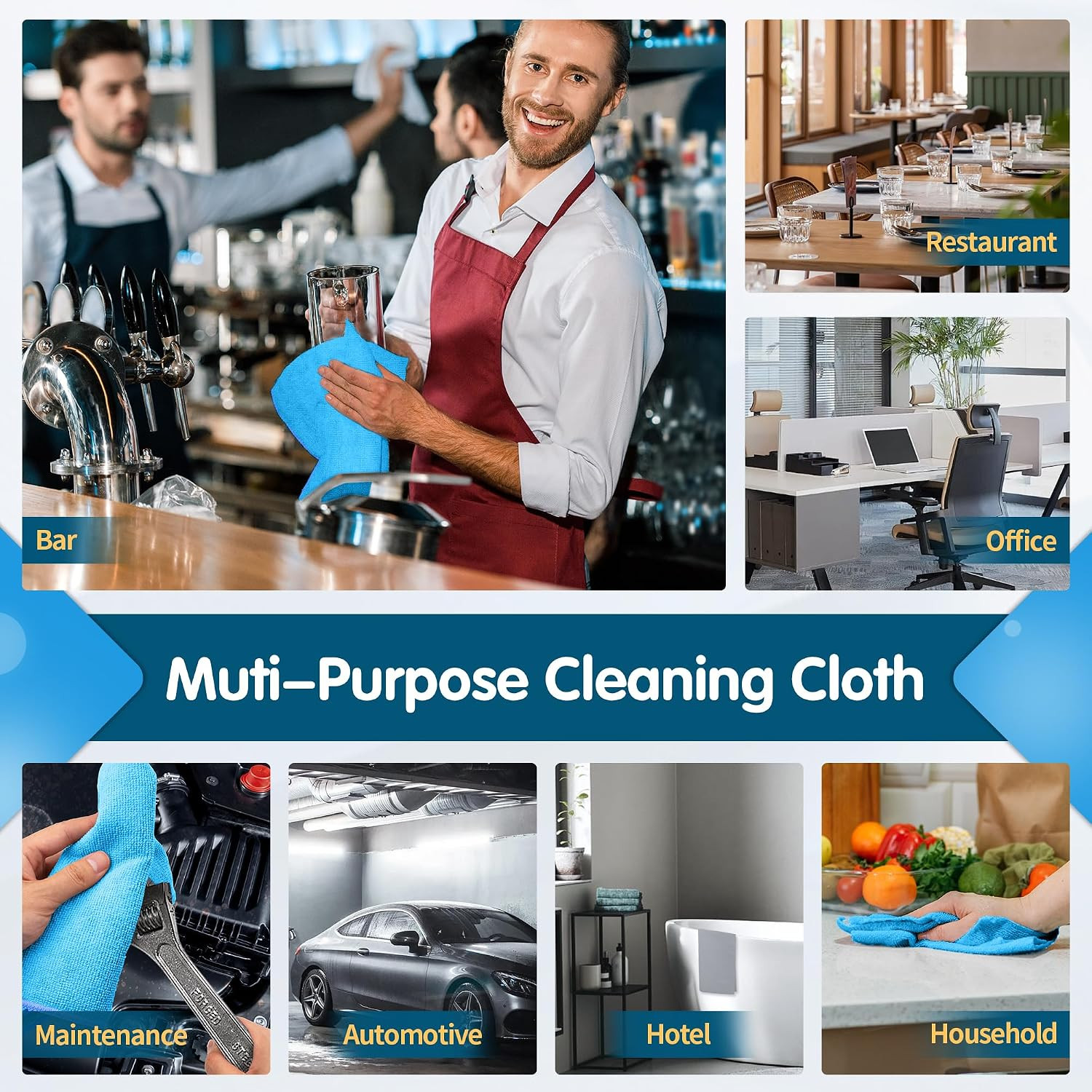 Blue Microfiber Cleaning Cloth -Pack of 8, Highly Absorbent Cleaning Rags, 16″X1
