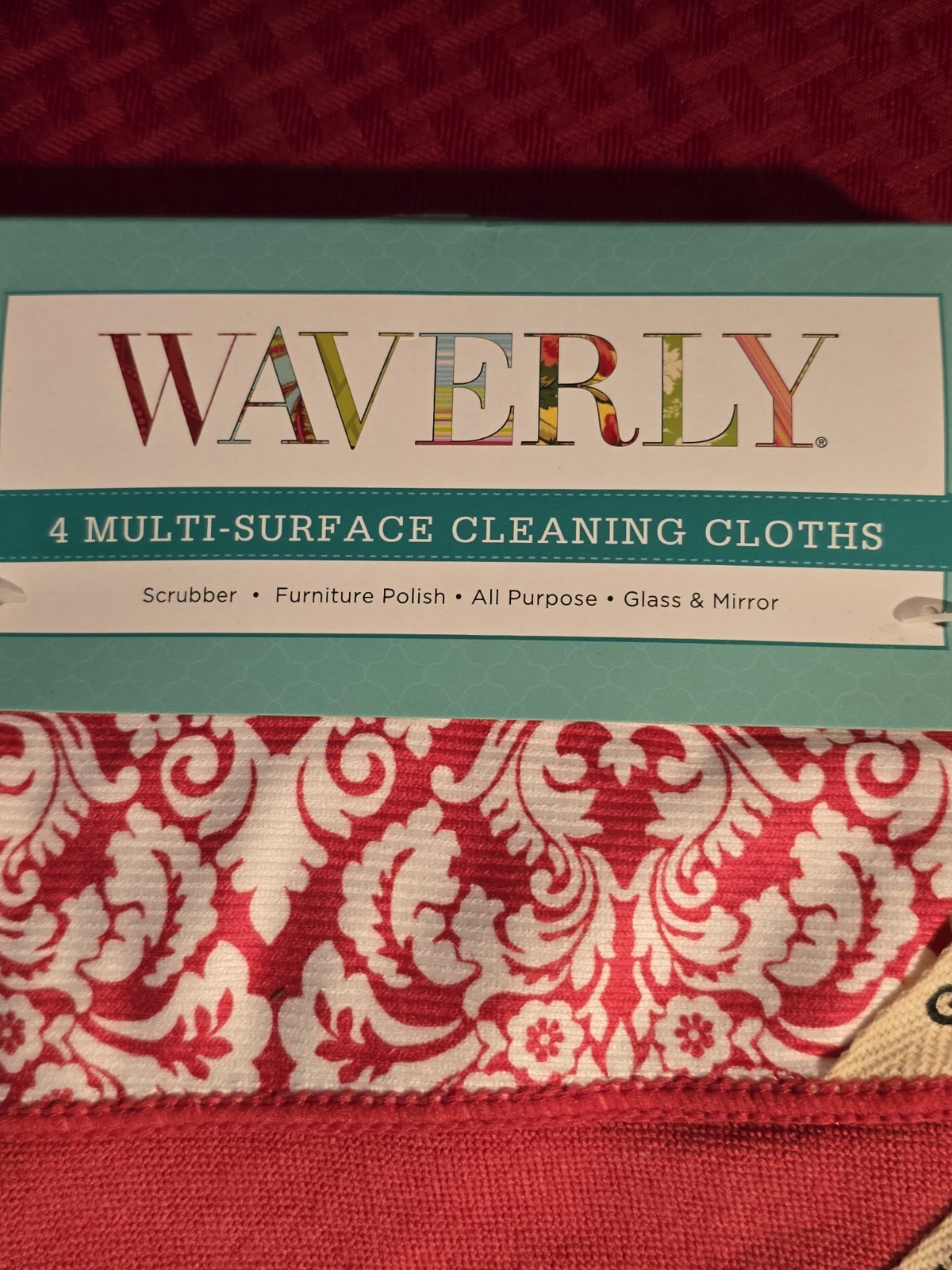 Waverly Red White Damask Set Of 4 Multisurface Cleaning Cloths Glass Polish Scru