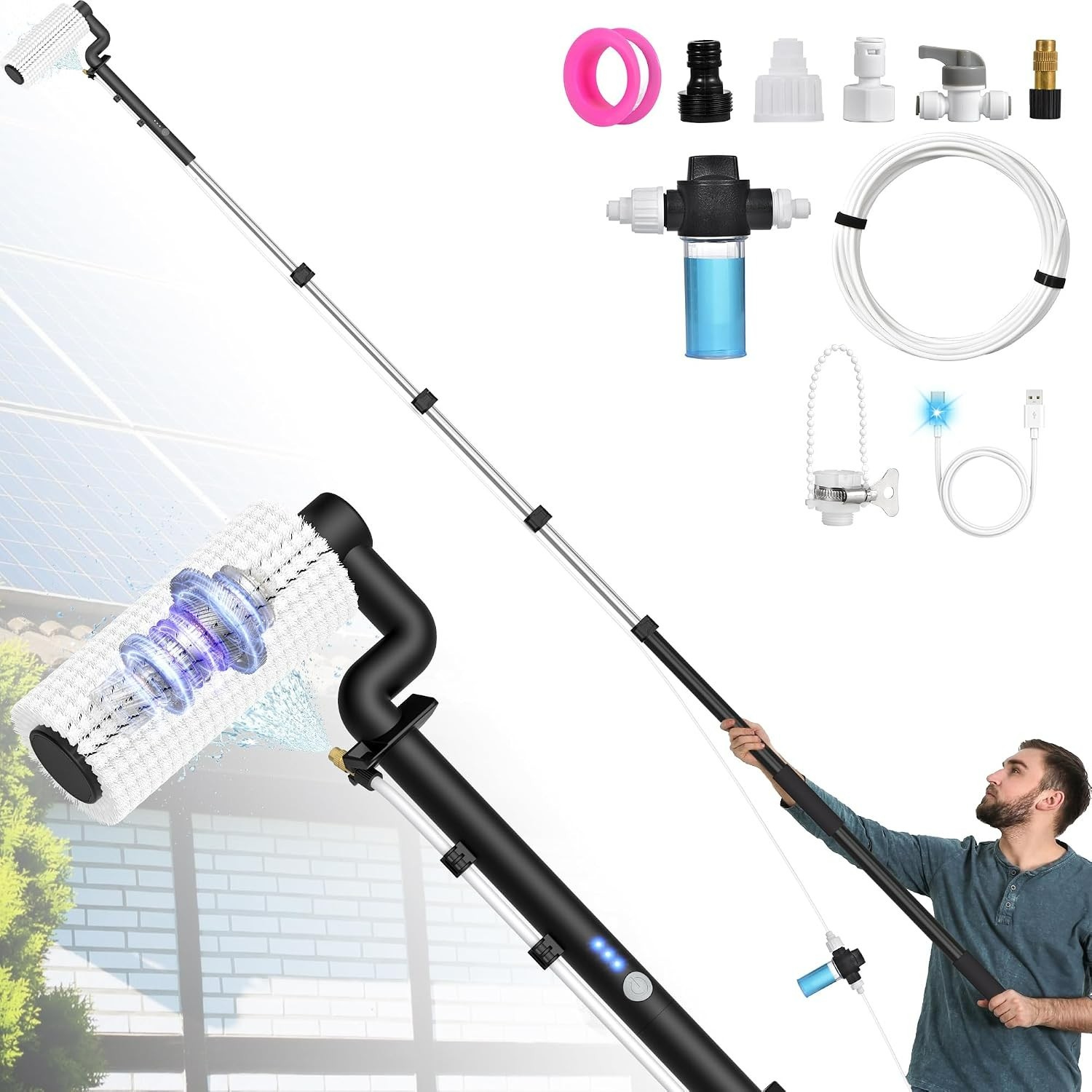 Electric Solar Panel Cleaning Brush and Pole Kit, 20Ft Extendable Washing Kit…