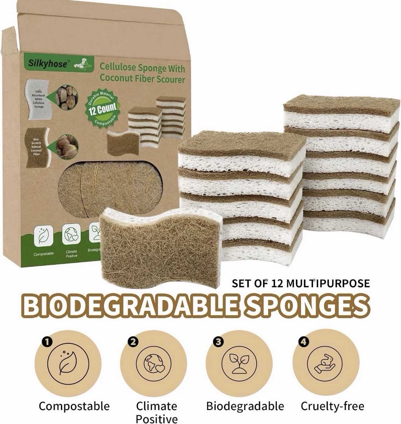 Natural Kitchen Sponges, Biodegradable & Compostable | Non-Scratch Cellulose