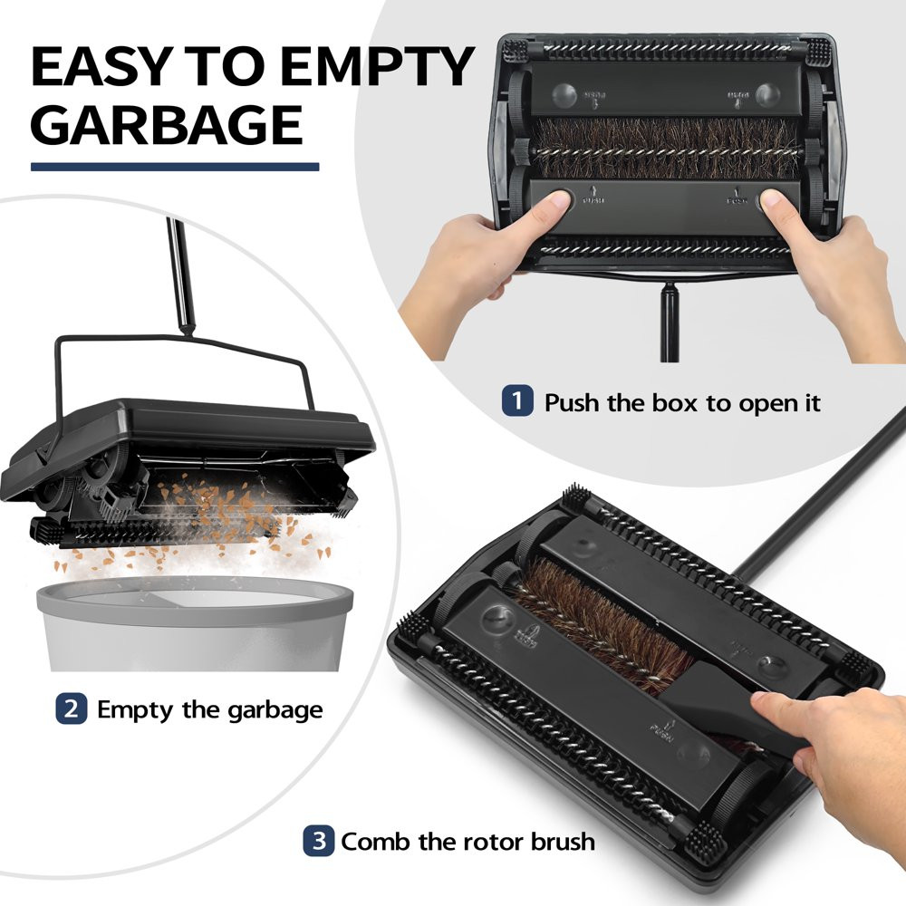Carpet Floor Sweeper with Horsehair, Non Electric Manual Sweeping (Black)