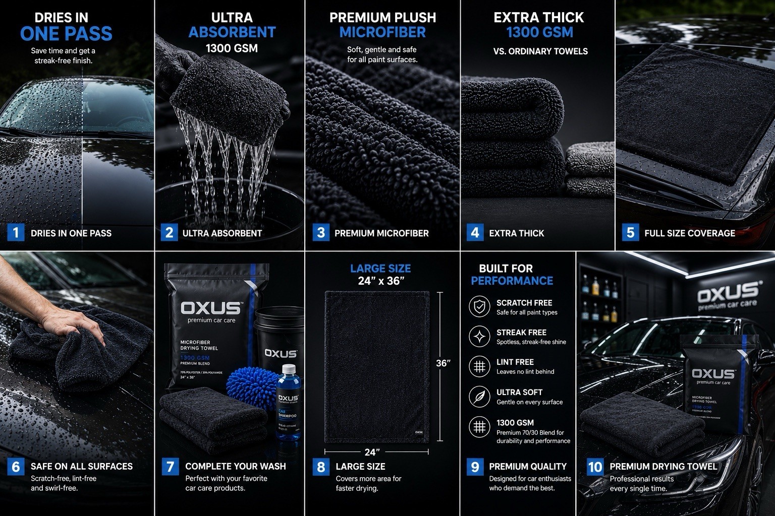 OXUS 1300 GSM Microfiber Drying Towel 24×36” Car Drying Cloth Scratch Free