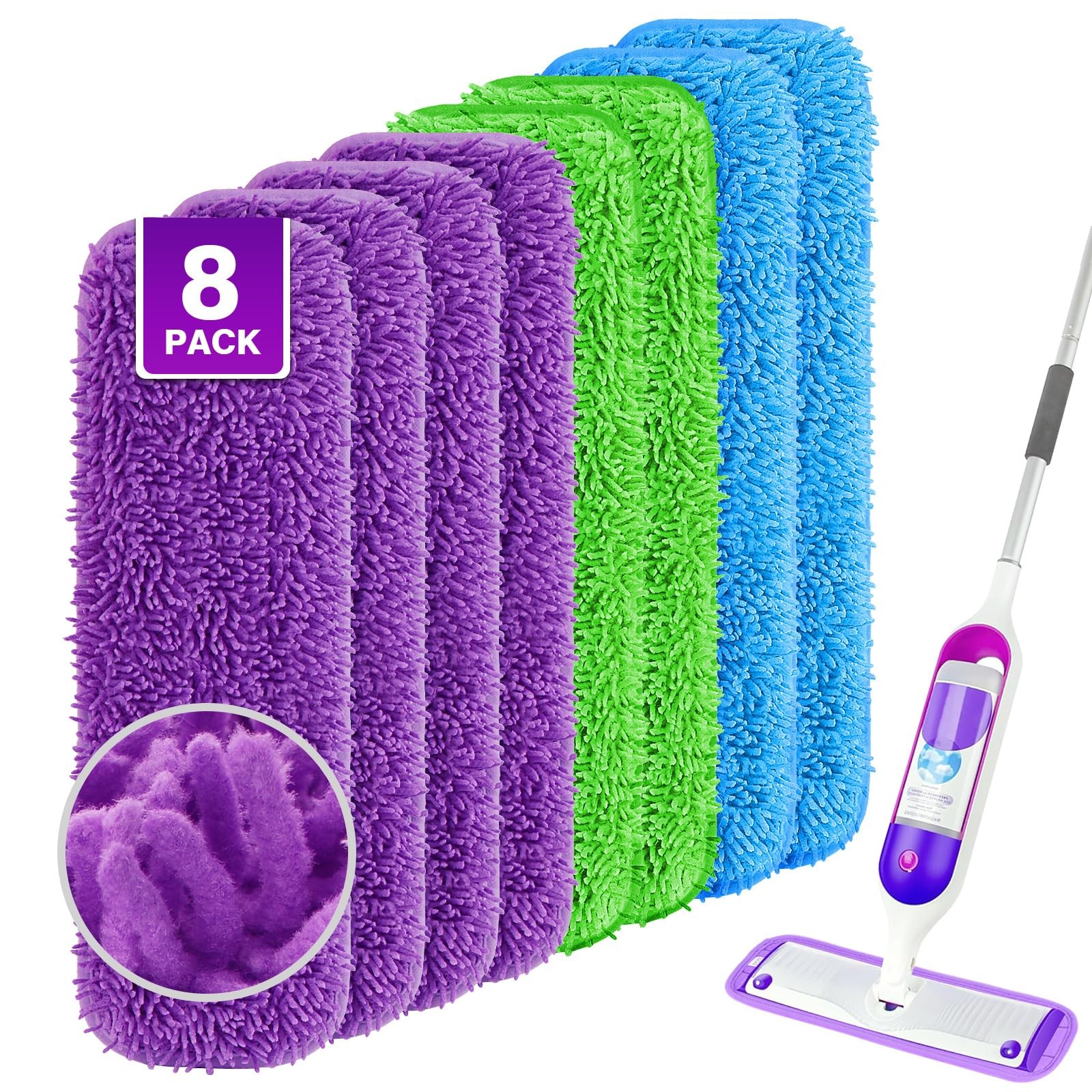 Multi Surface Mop Pads 8 Pack, Microfiber Refill For 13 15 Inch Mops, Multicolor
