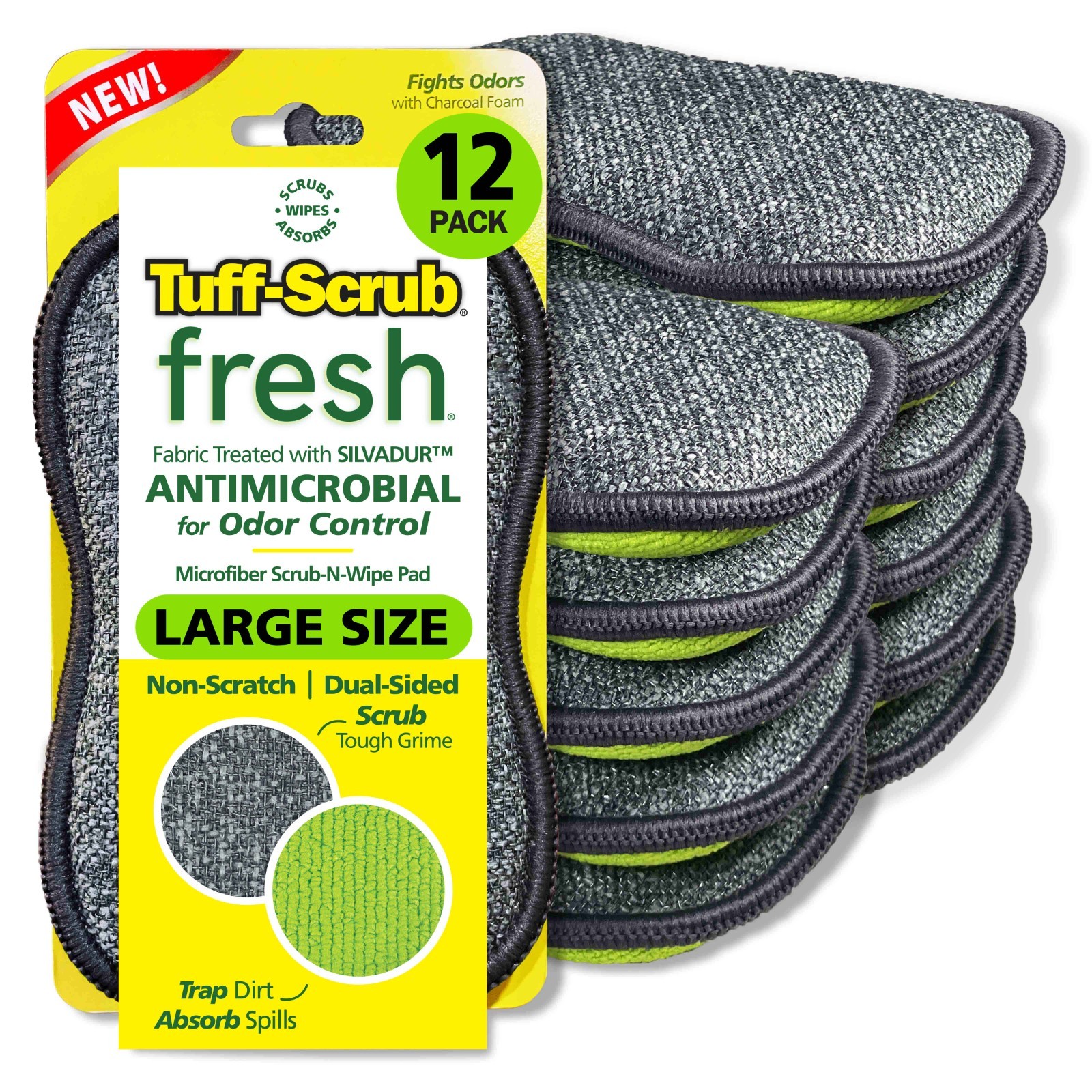 Tuff-Scrub Fresh Antimicrobial Charcoal Scrub-N-Wipe Pads, Green Large 12-Pack