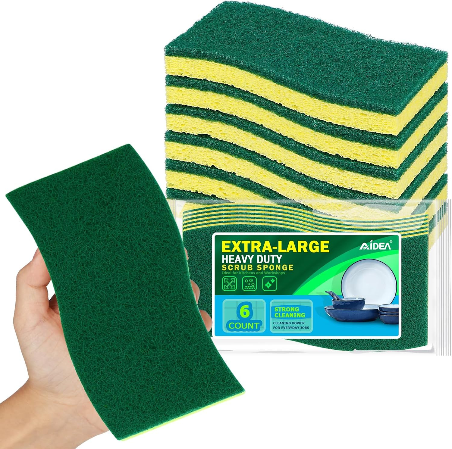 XL Scrub Sponges 6Count, Heavy Duty Sponges for Dishes, Extra Large Sponge for C
