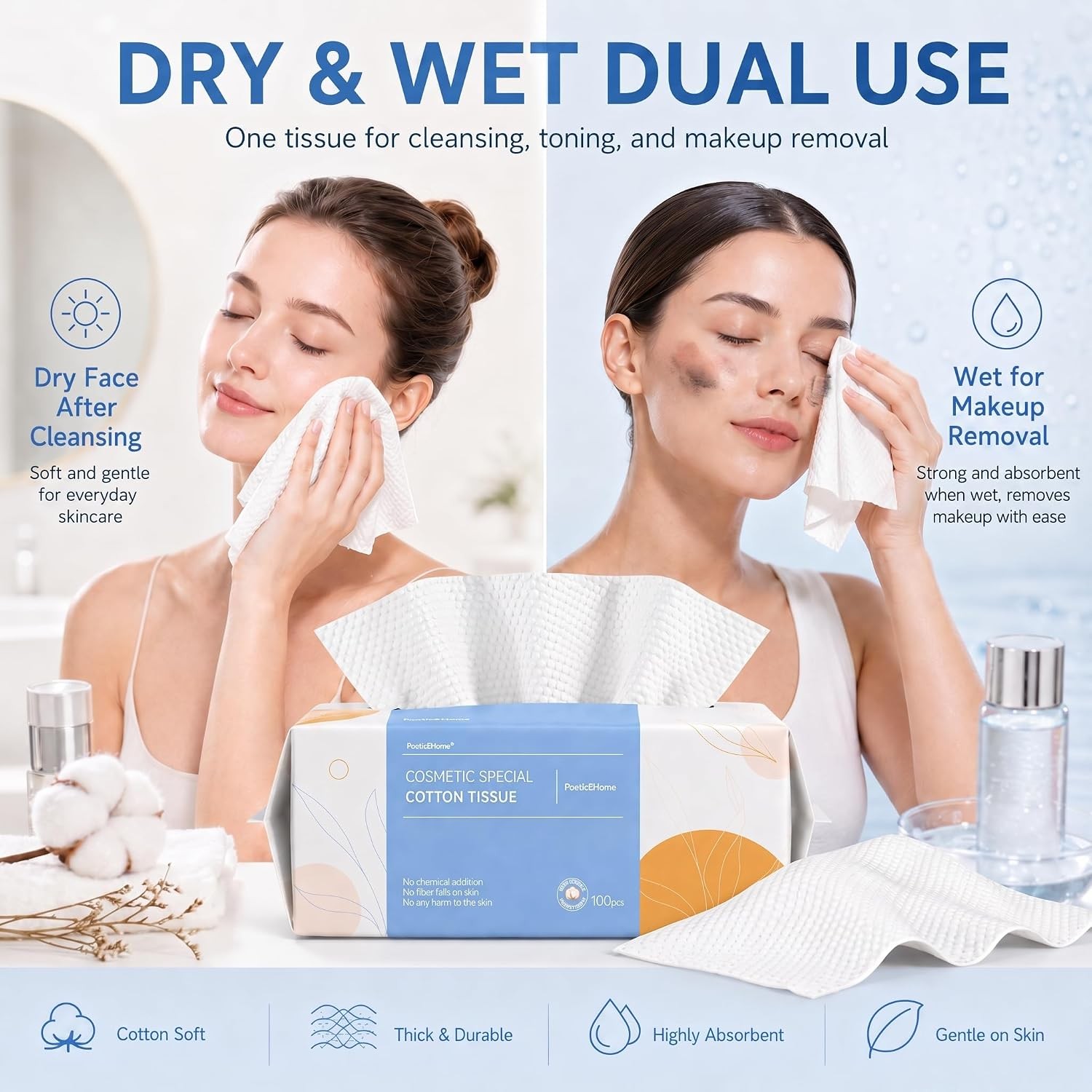 Face Towel Disposable – Ultra Soft Cotton Tissue Dry Wipes – Lint Facial