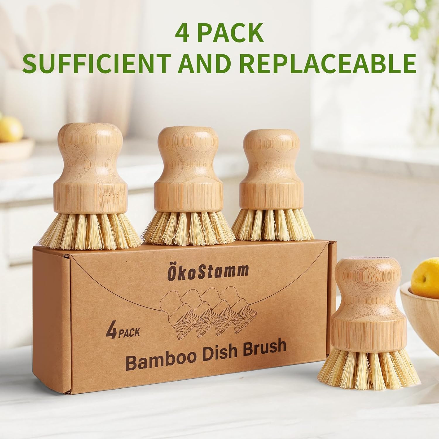 4 Pack Bamboo Dish Brush Natural Sisal Scrub Brush for Dishes Pots Pans Cookware