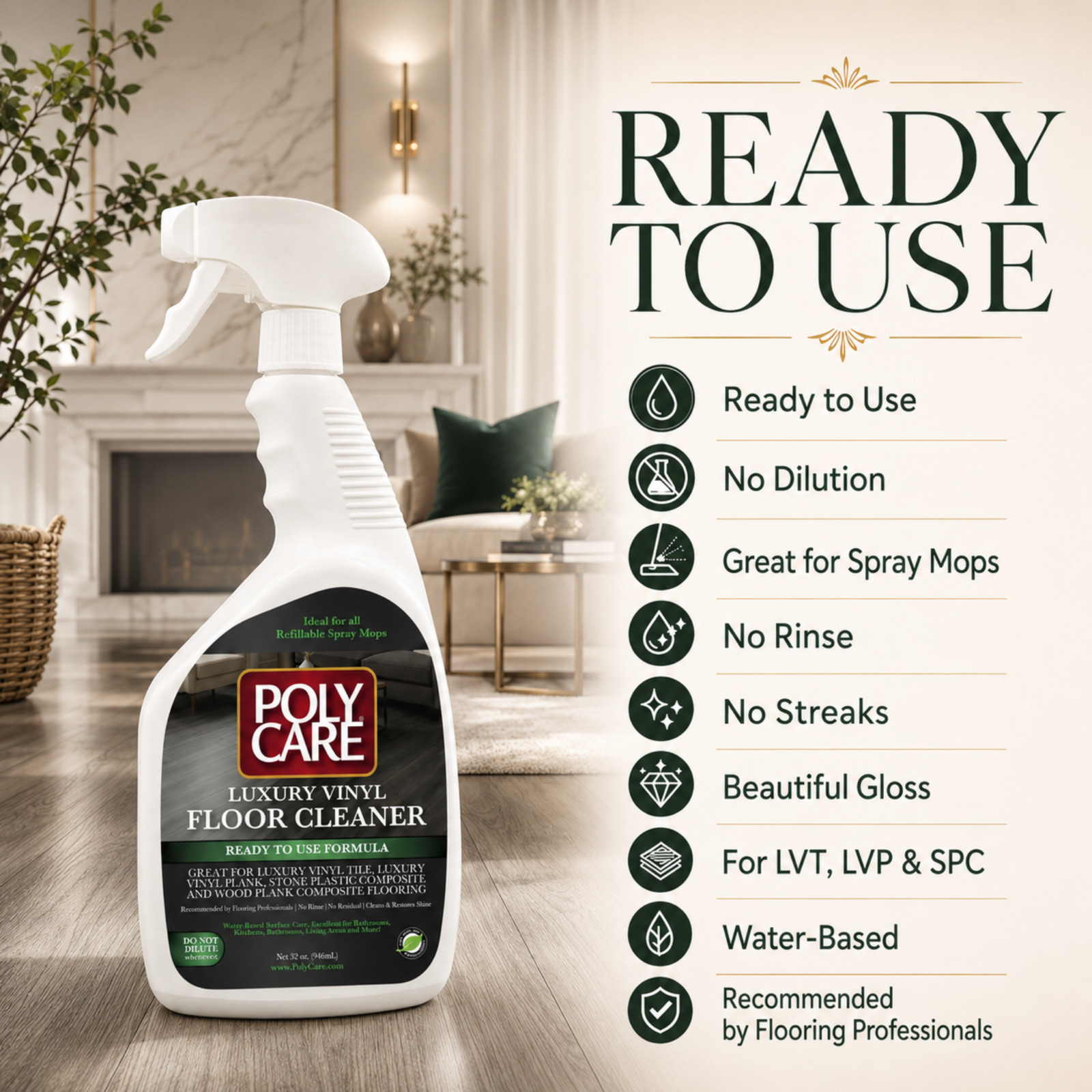 PolyCare Luxury Vinyl Floor Cleaner 32 oz Spray Ready To Use LVT LVP