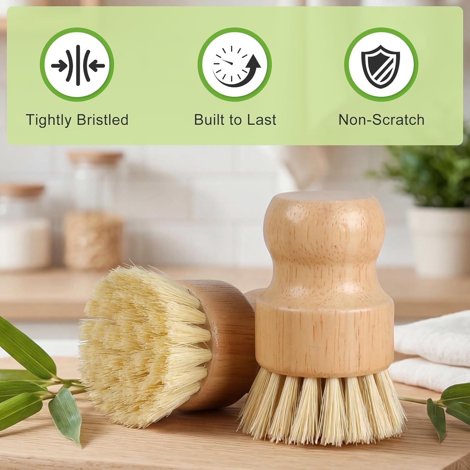 4 Pack Bamboo Dish Brush Set, Natural Kitchen Scrub Brush with Sisal Bristles, W