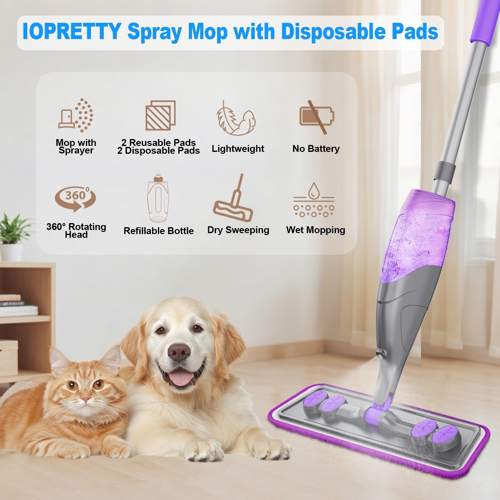 Spray Mop for Floor Cleaning – Wet Dry Mop with 4 Pads, 500ml Bottle, Pet Hair &