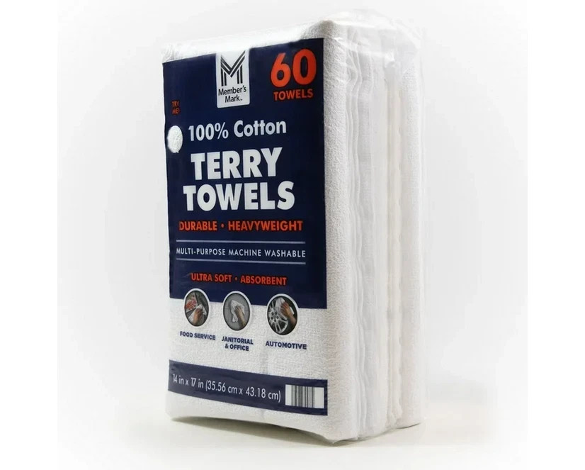 Member’s Mark 100% Cotton Terry Towels 14″x17″, 60 Count Bulk Pack