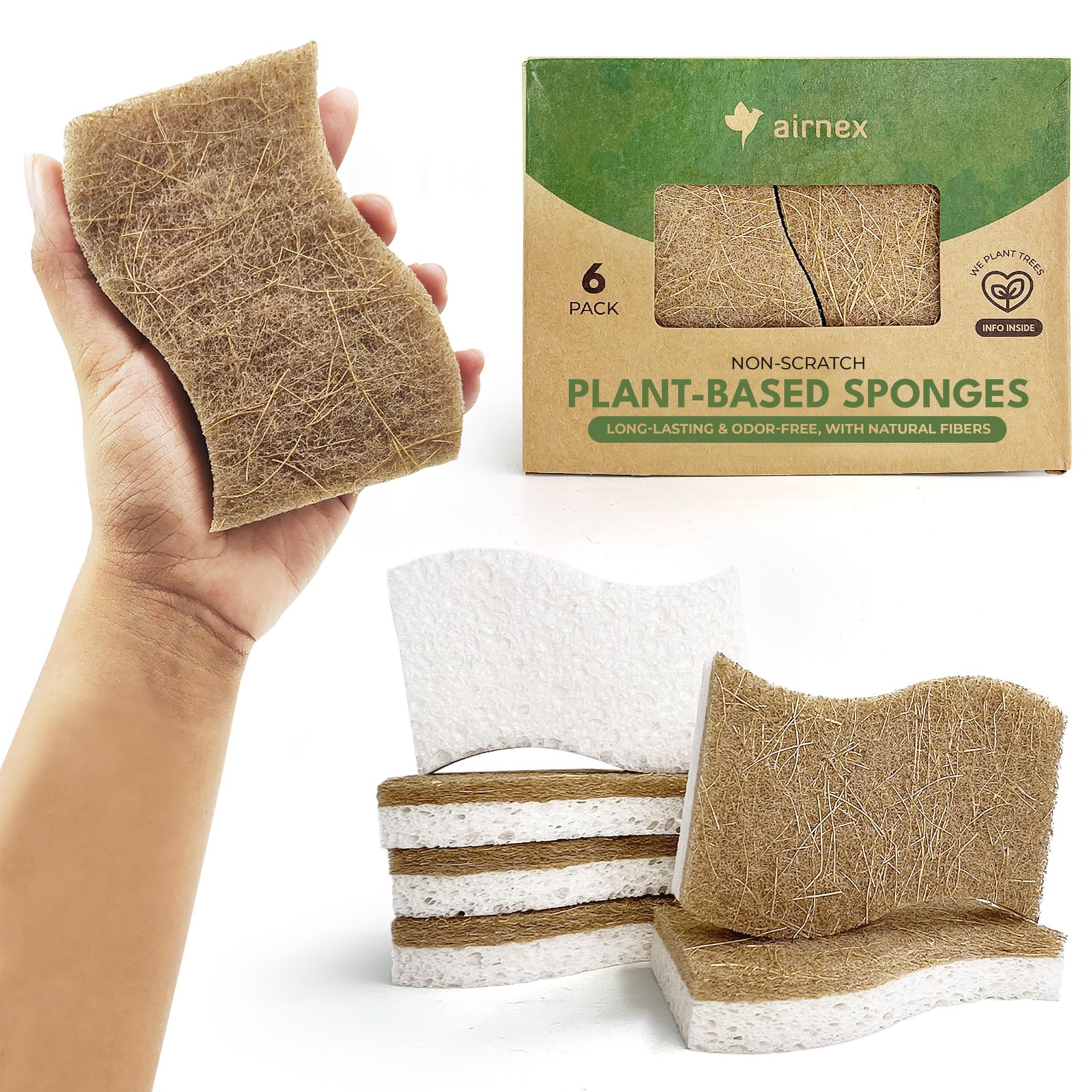 Natural Kitchen Sponges (6 Pack) – Biodegradable Cellulose & Coconut Scrubber…