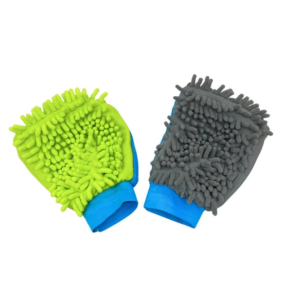 2 Pack Dual-Sided Microfiber Mitt Gloves Grey+Yellow Color-Coded Car Wash Polish