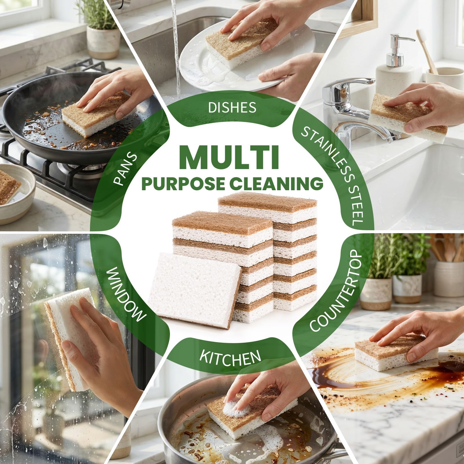 Natural Kitchen Sponge PlantBased Biodegradable Cellulose Walnut Dish 12 PCS