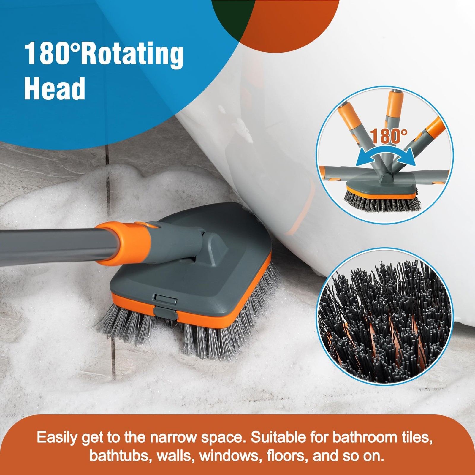 4in1 Extendable Floor Scrub Brush 180 Rotate Tub Tile Squeegee
