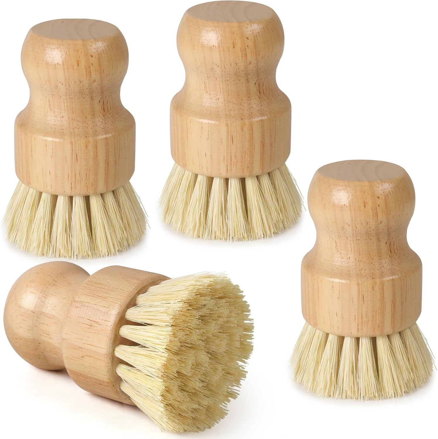 4 Pack Bamboo Dish Brush – Natural Sisal Bristle Wooden Scrubber for Kitchen
