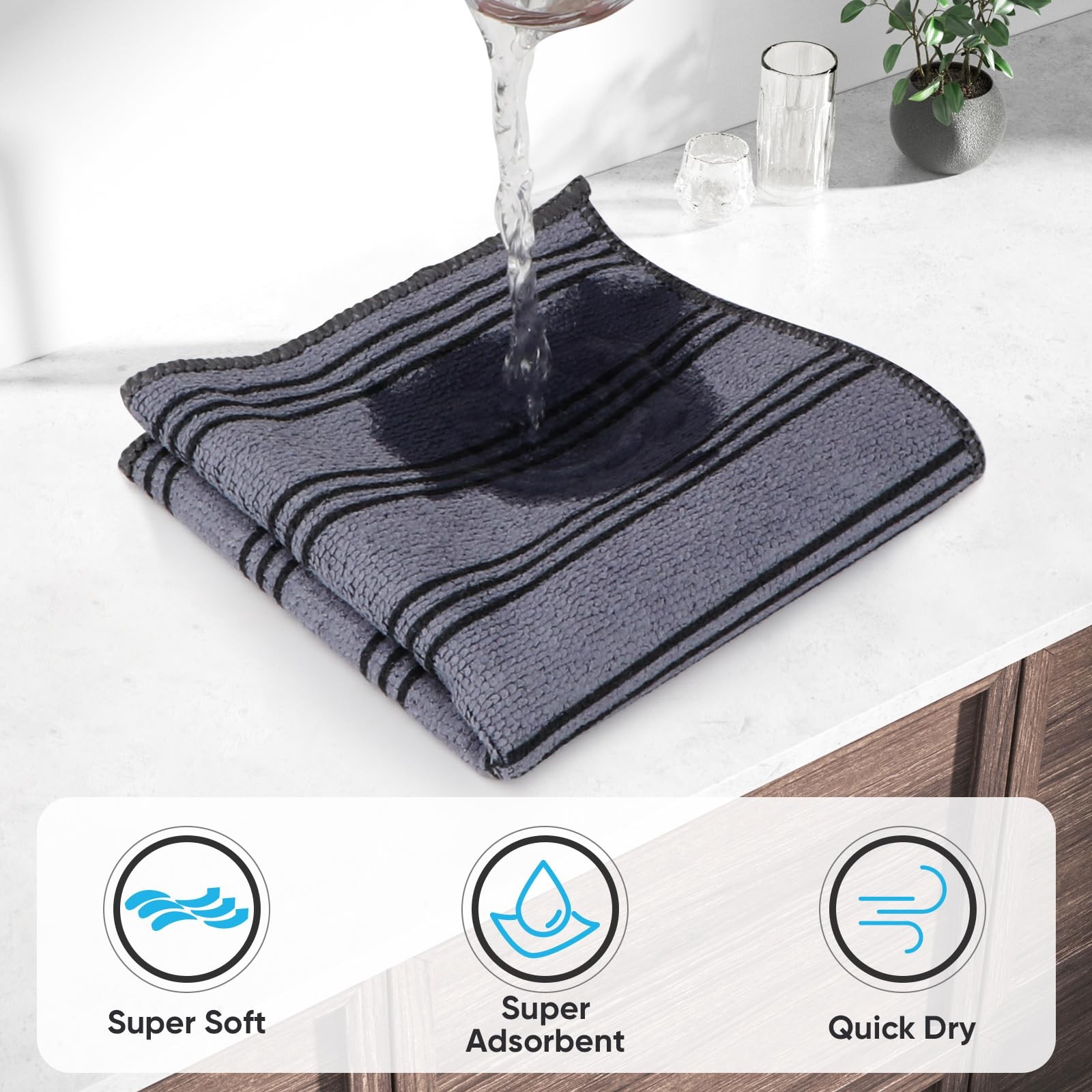 HOMEXCEL Microfiber Cleaning Cloth, Kitchen Towels 11 x 11 inch, White/Grey
