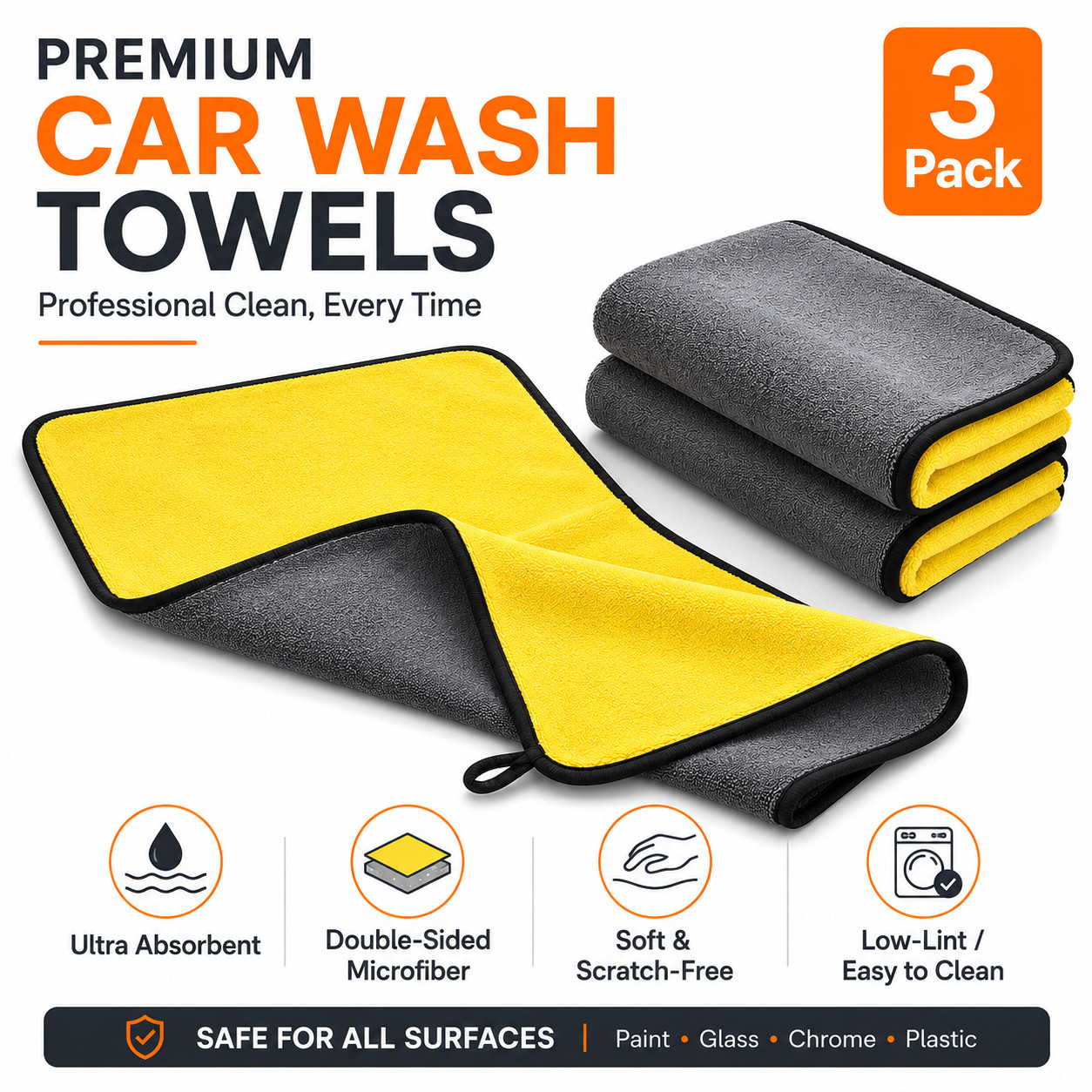 3 Pack 30x60cm Dual-Sided Microfiber Car Drying Towels Absorbent Lint-Free