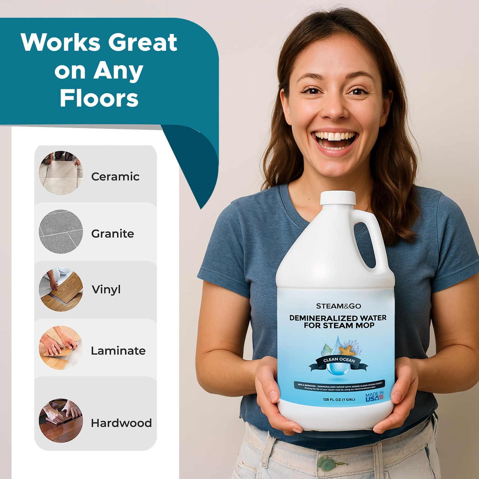Steam & Go Demineralized Water for Steam Mop – Clean Ocean Scent, 128 fl oz (…