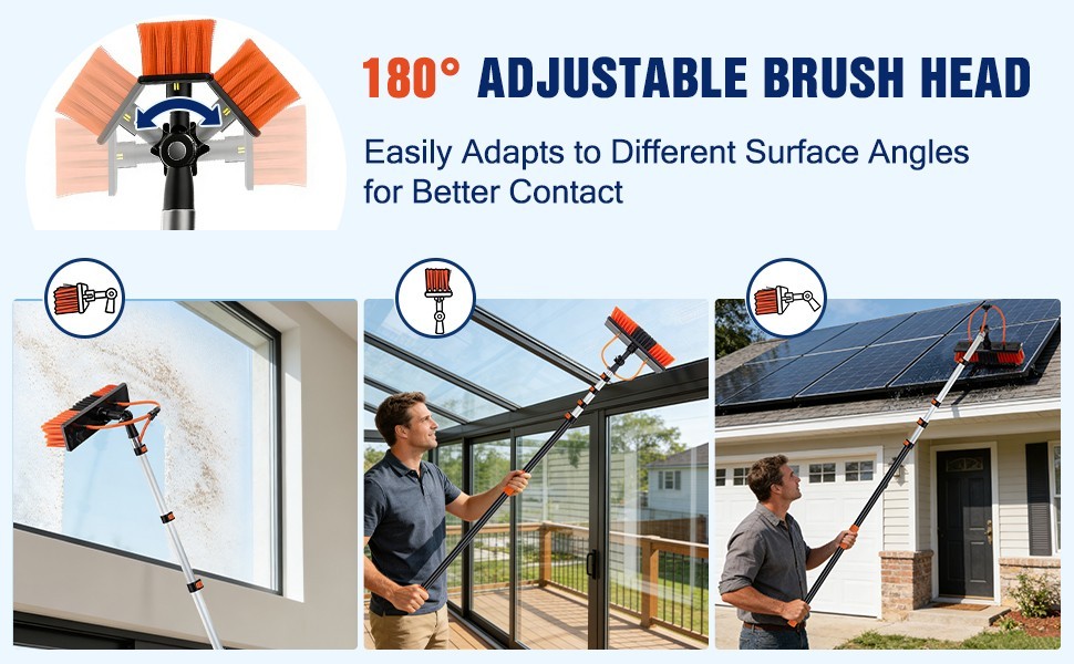 Water Fed Pole Window Cleaning System, Solar Panel Kit, 180° Brush & Soap Dispen