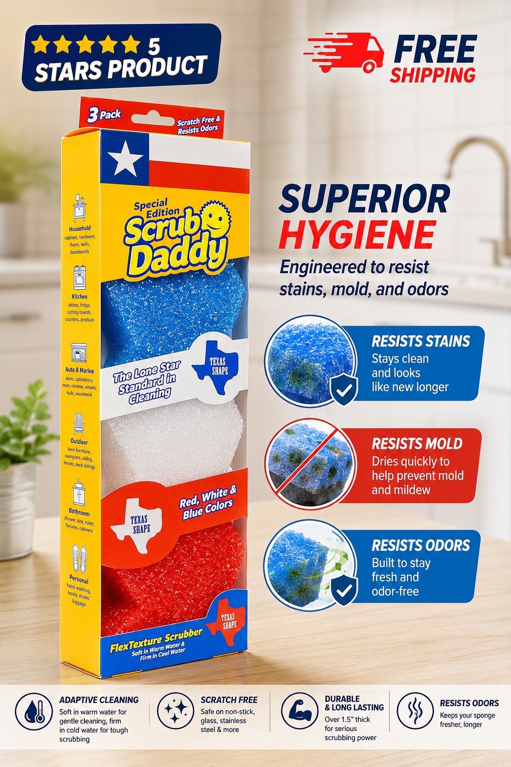 Scrub Daddy Special Texas Edition, Red, White & Blue Scrubbers, 3-Pack TX Shape
