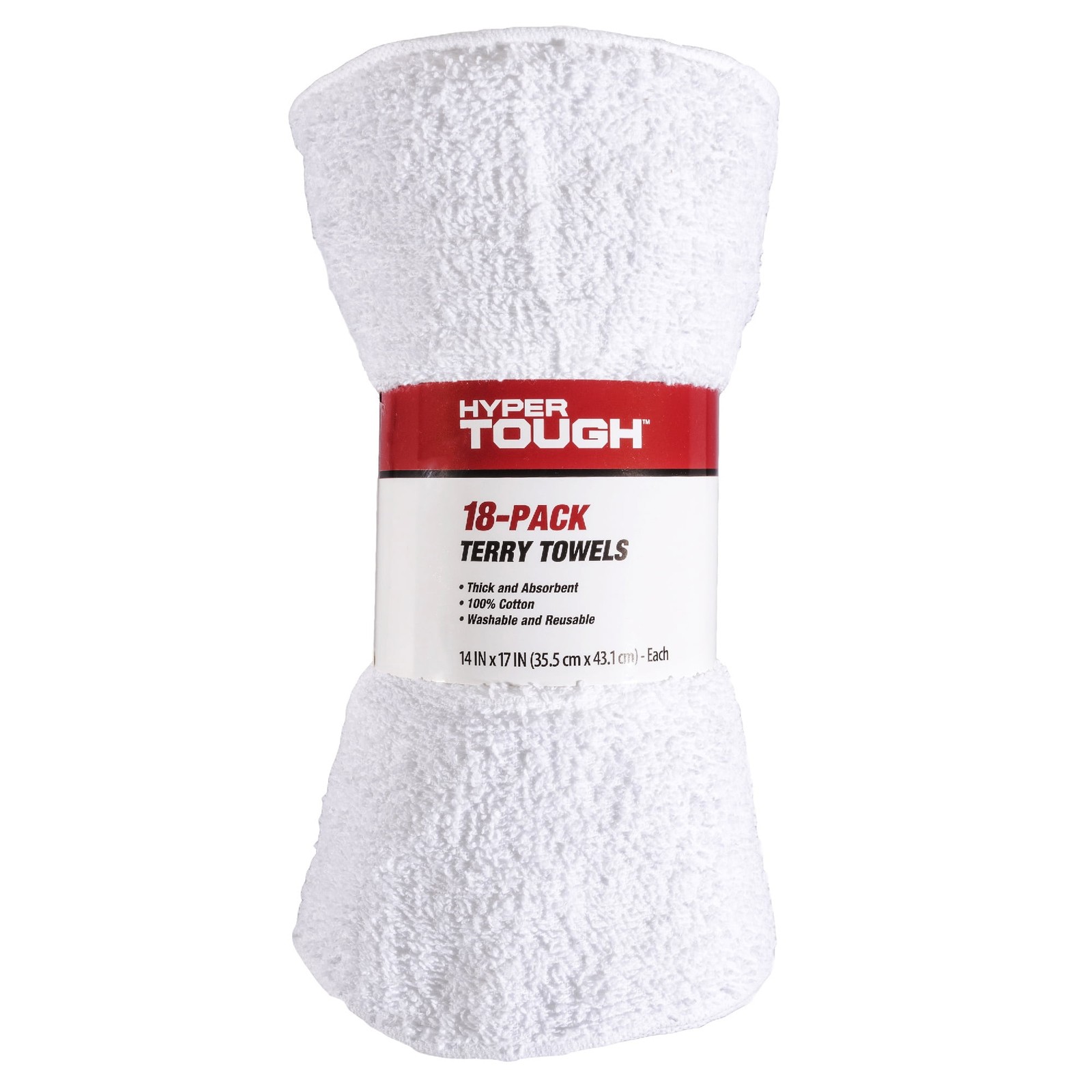 Hyper Tough 100% Cotton 14″ x 17″ All Purpose Terry Towels, 18 Pack, White