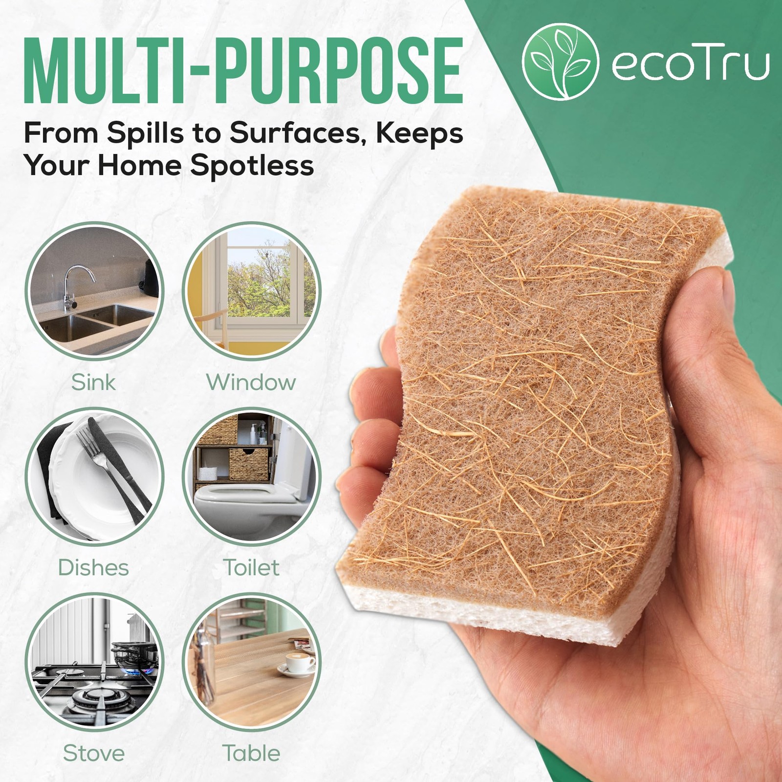 6 Pack Natural Kitchen Sponges, Compostable White Cellulose & Organic Coconut…