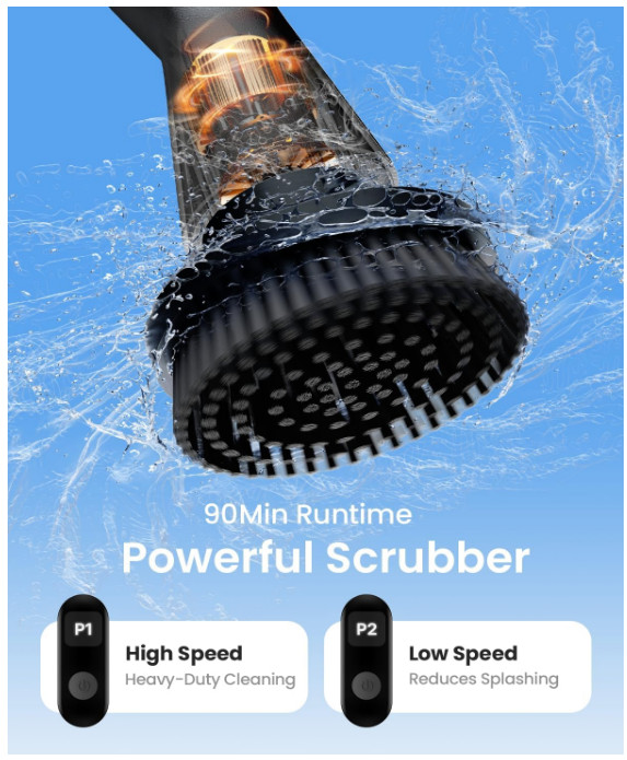 Electric Spin Scrubber, Cordless Bathroom Brush, 7 Heads, Long Handle, 2 Speeds