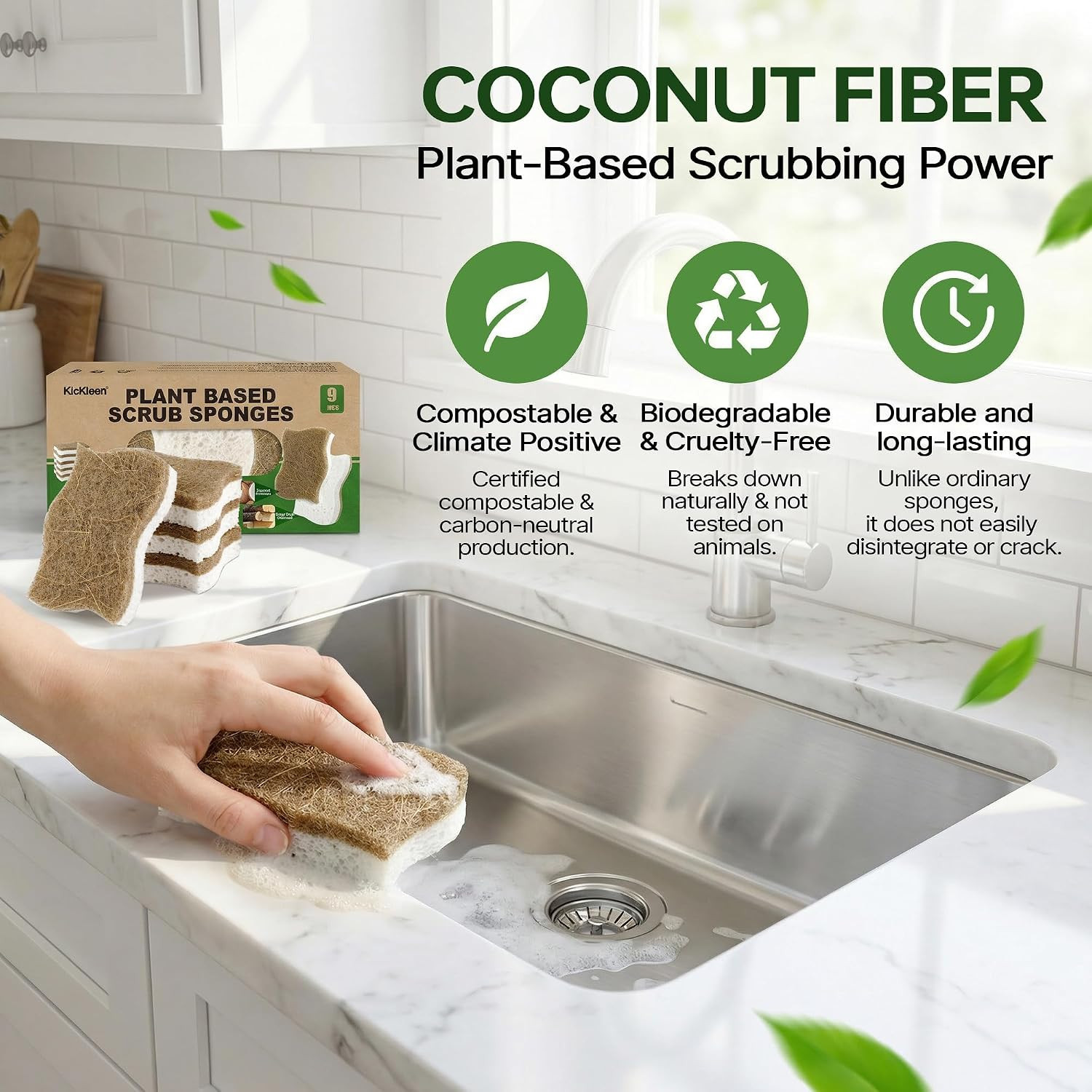9 Pack Biodegradable Natural Kitchen Sponges – Compostable Cellulose and Coconu