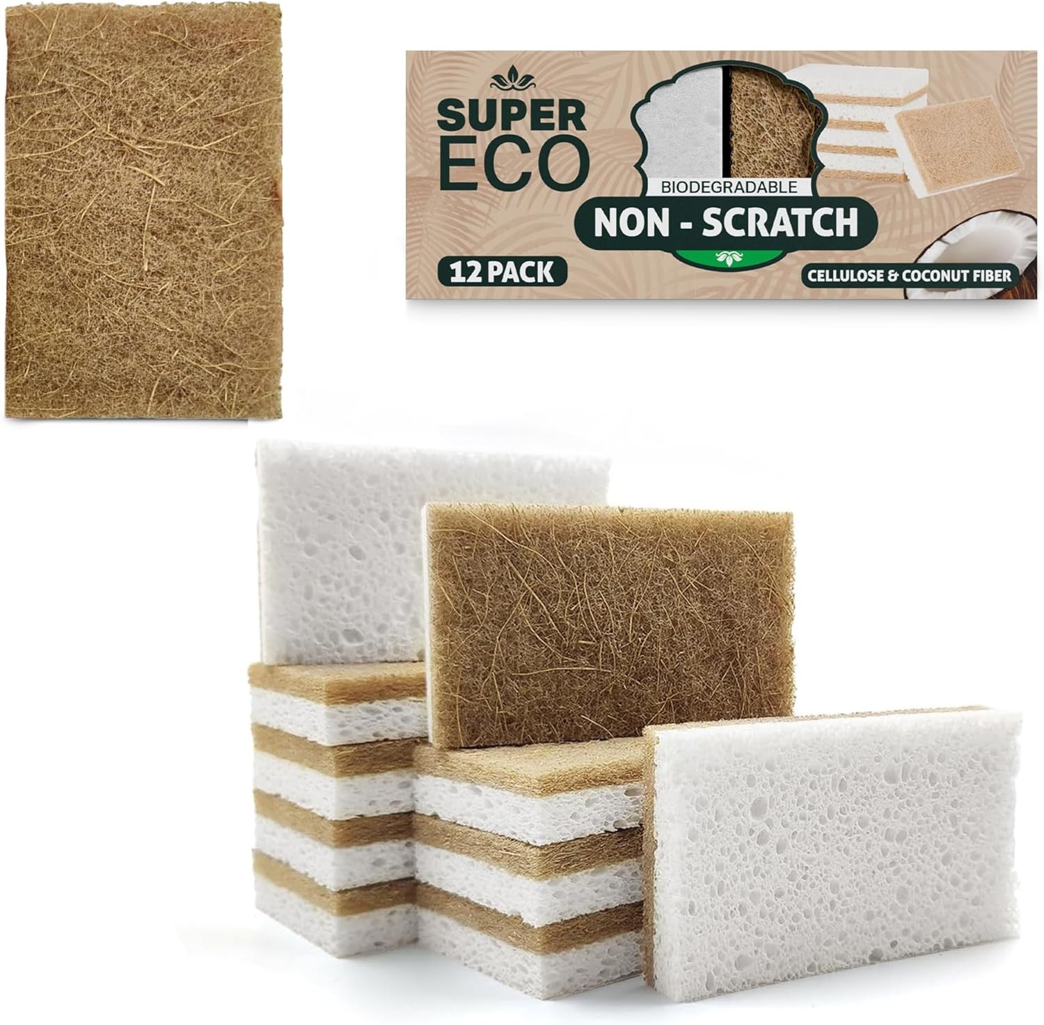 Super Eco Natural Kitchen Sponges Pack of 12, Long Lasting, Sponges for Dishes