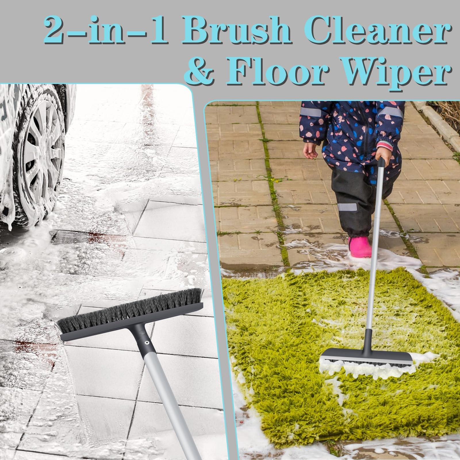 AONEZ Floor Scrub Brush with Long Handle – Adjustable 2 Grey & Black