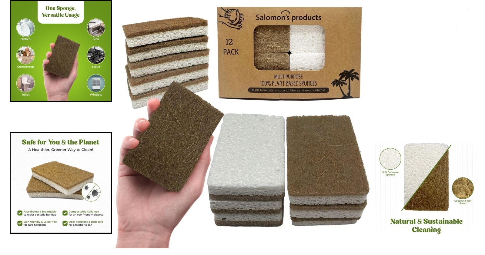 12 Pack Eco-Friendly Biodegradable Kitchen Sponges Natural Cellulose Coconut …