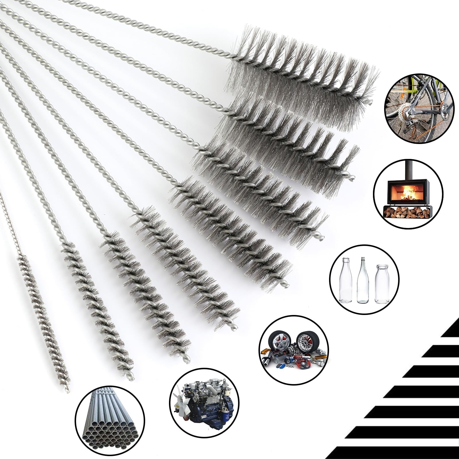 12″ Pipe Cleaning Brush Set – Stainless Steel Bristles, 8 Sizes for Bottles, Tub