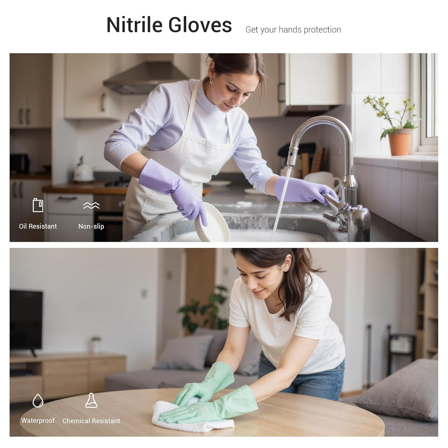 Thxtoms 4 Pairs Nitrile Cleaning Gloves, Latex Free Reusable Dishwashing Gloves