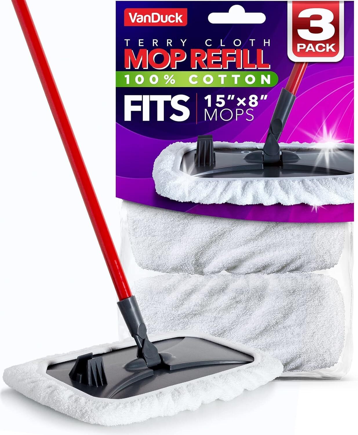 100% Cotton Terry Mop Pads 15X8 Inches 3-Pack, Terry Cloth Mop Covers (M