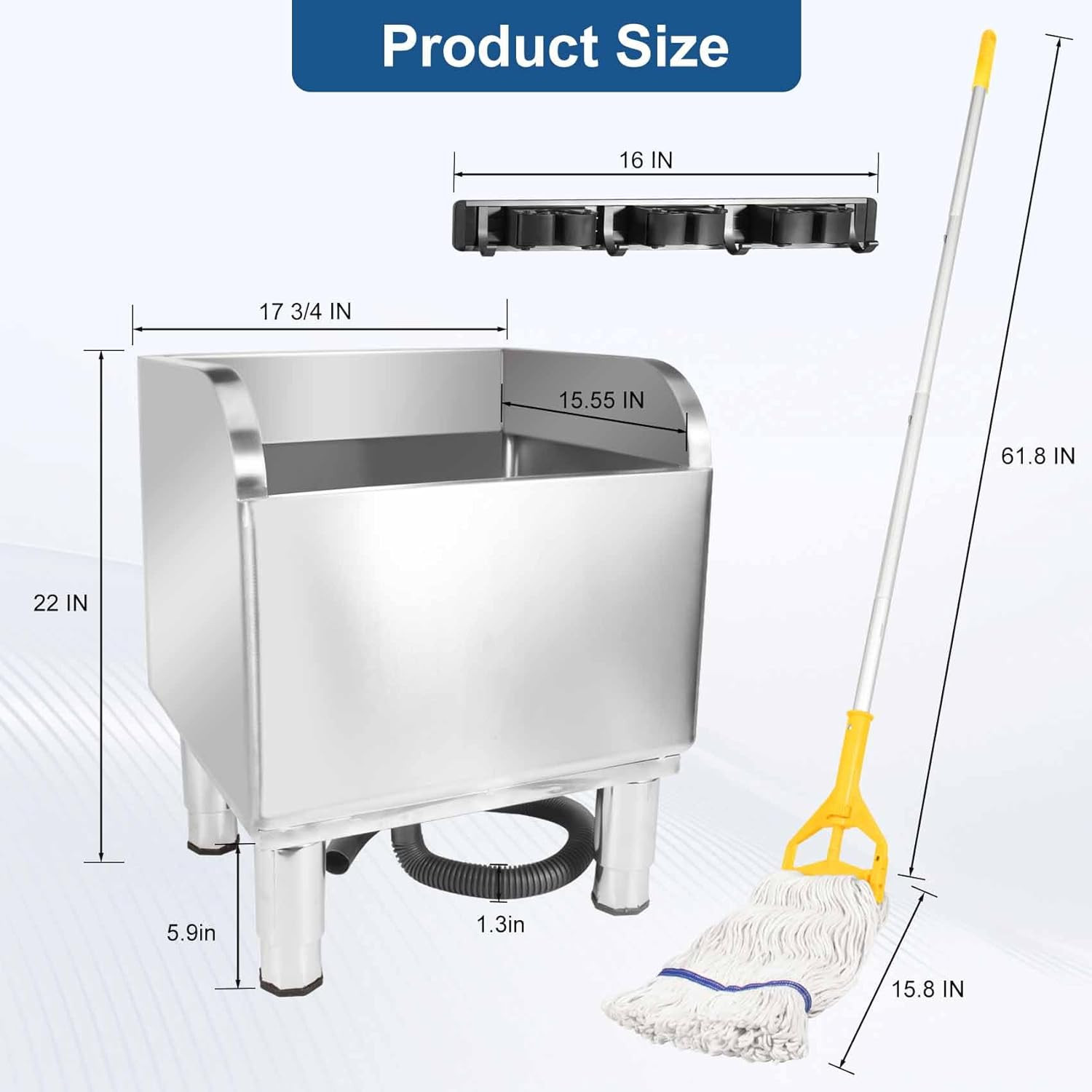 17 3/4in Stainless Steel Floor Mop Sink with Detachable Mop, Suitable for Laundr