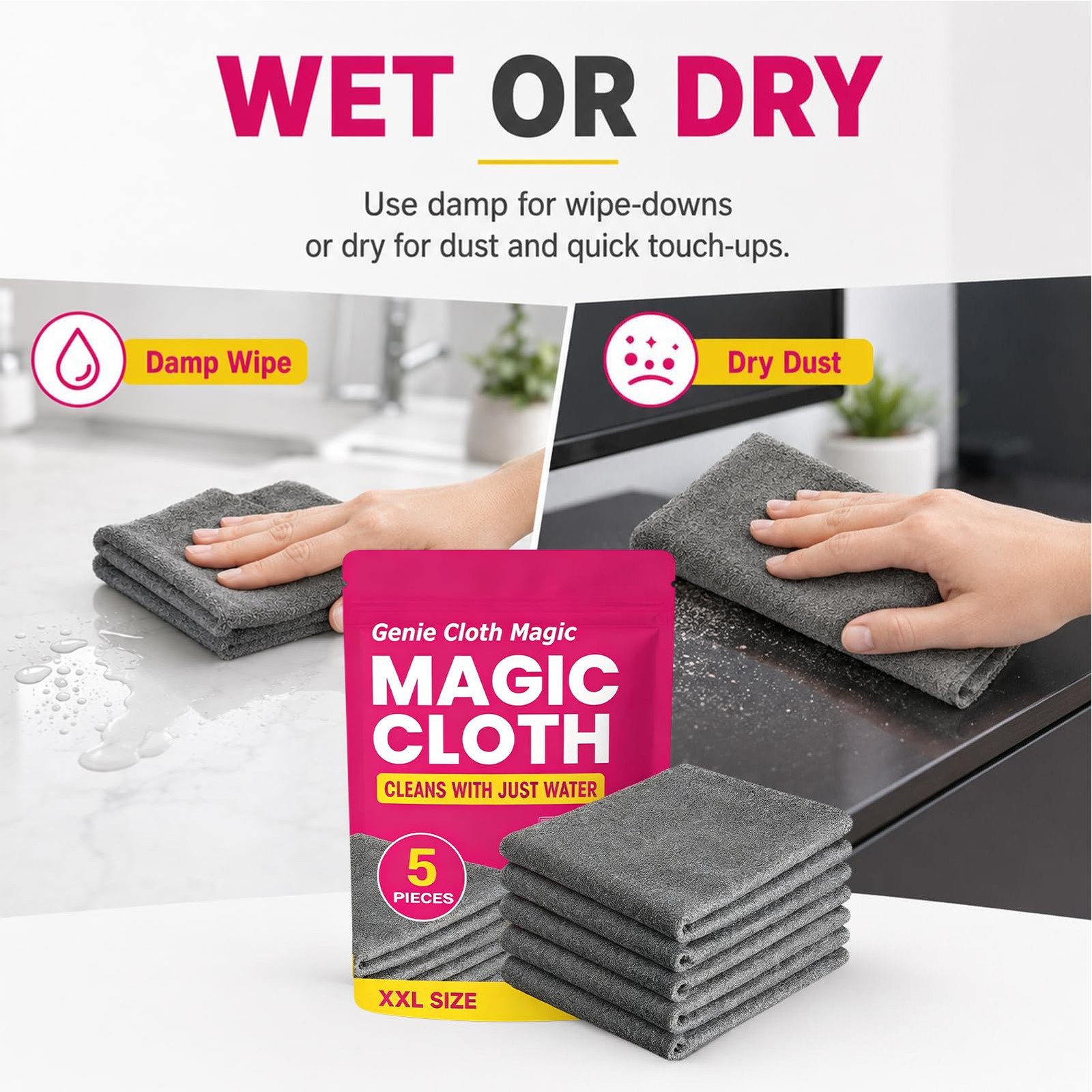 Genie Magic Cleaning Cloth, Lint Free Microfiber Cleaning Cloths, 5 Pieces