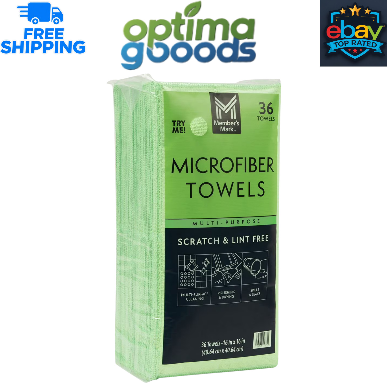 Member’s Mark Microfiber Towels, Green, 16″ x 16″, 36 Count Cleaning Cloths