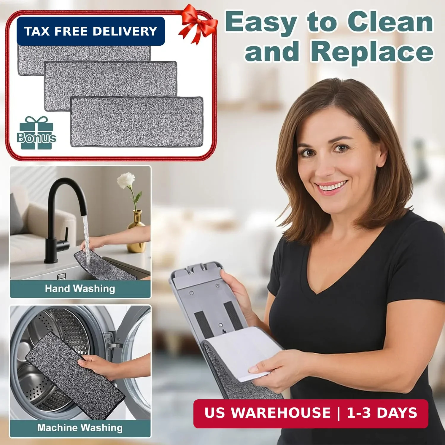 Flat Mop with 3 Pads, Microfiber Mops for Floor Cleaning Adjustable Handle 29-49