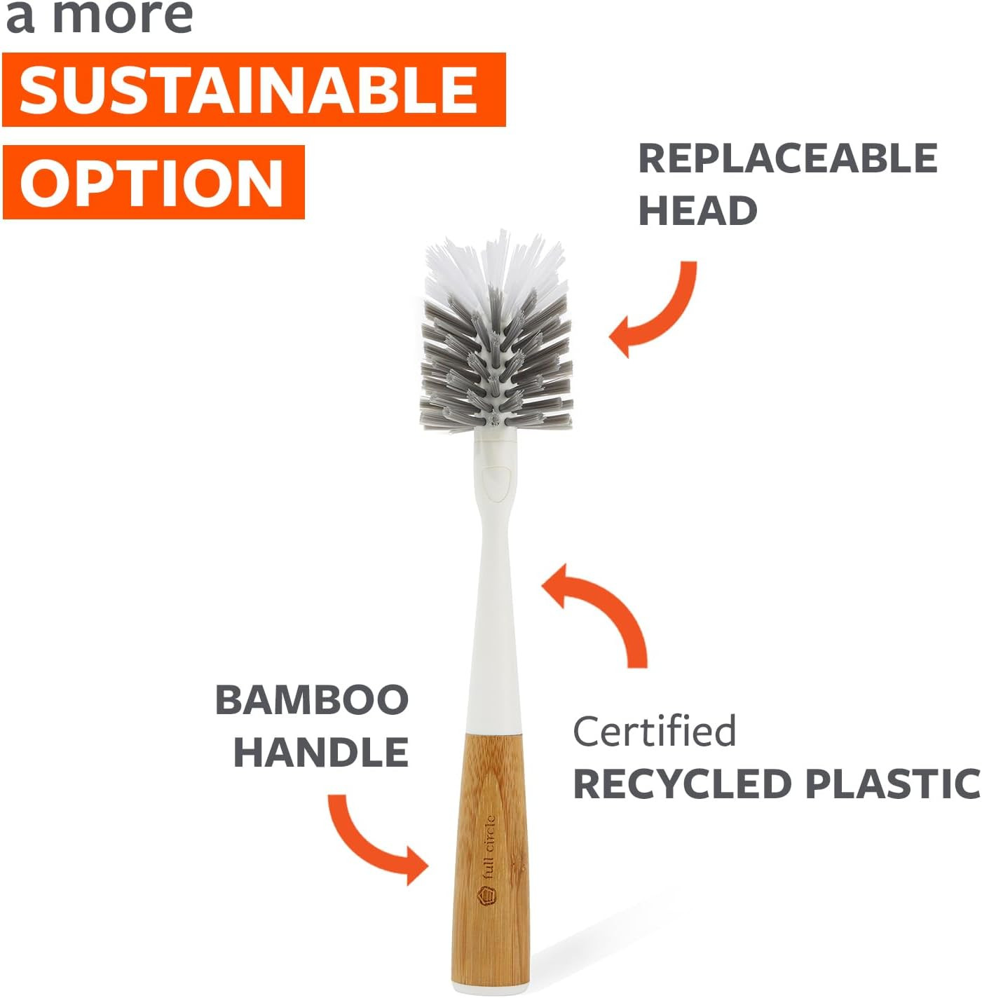 Full Circle Clean Reach – Bamboo Long Handle Bottle & Mug Brush with Replaceable