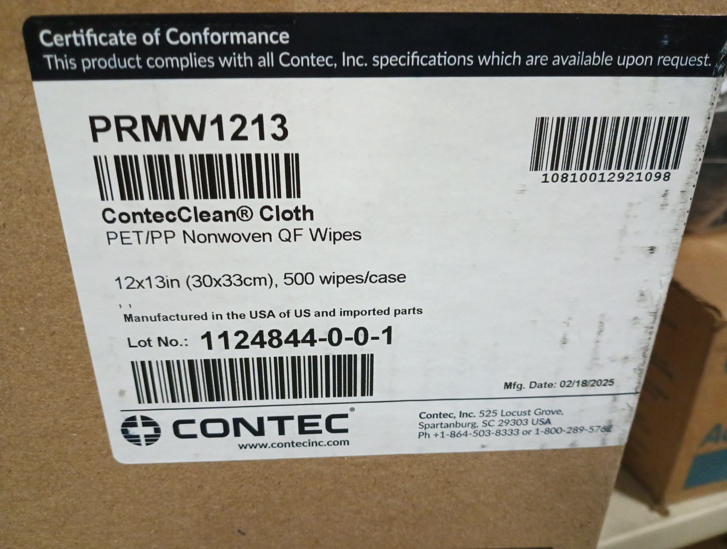 500 Ct QF Wipes, Contec PRMW1213, Case. 010