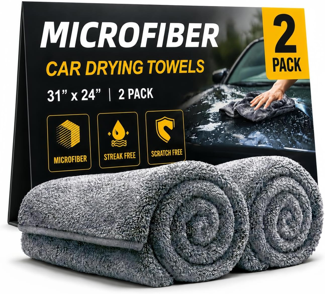 Large Microfiber Car Drying Towels, Scratch & Lint Free, Professional 2-Pack