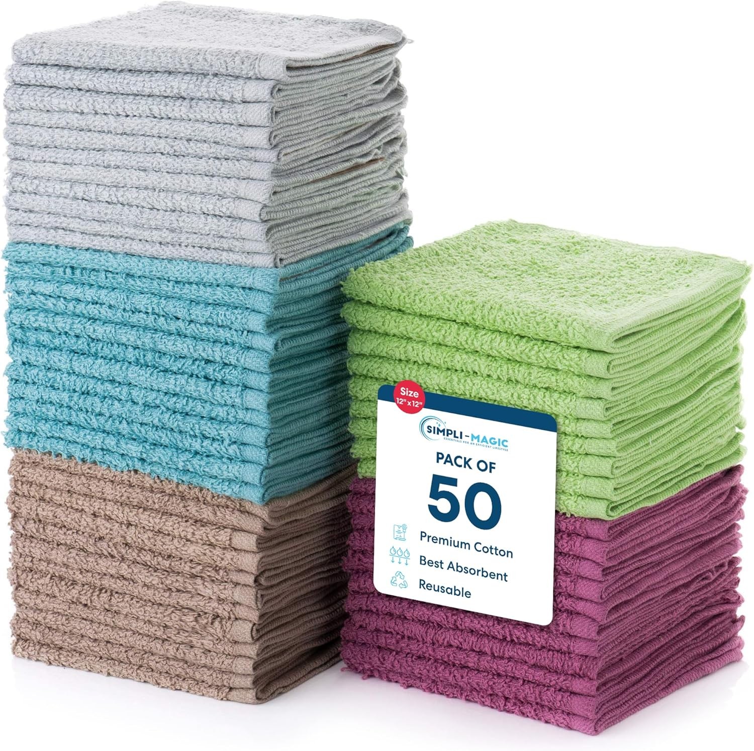 Simpli-Magic Cotton Wash Cloths 12″x12″ (50 Pack) – Highly Absorbent Soft Towels