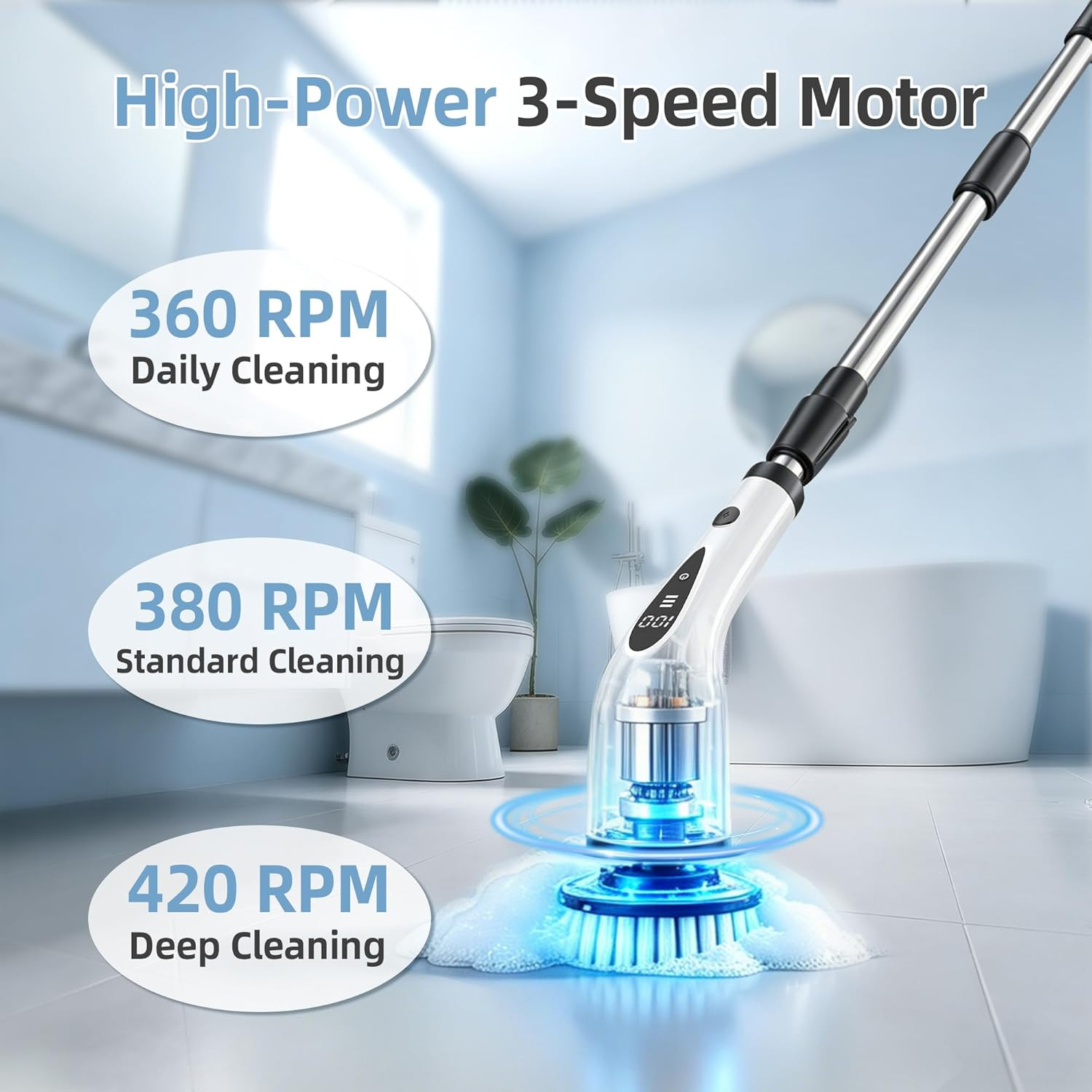 Electric Spin Scrubber, 3-Speed Cordless Cleaning Brush with 8 Brush Heads & Bas
